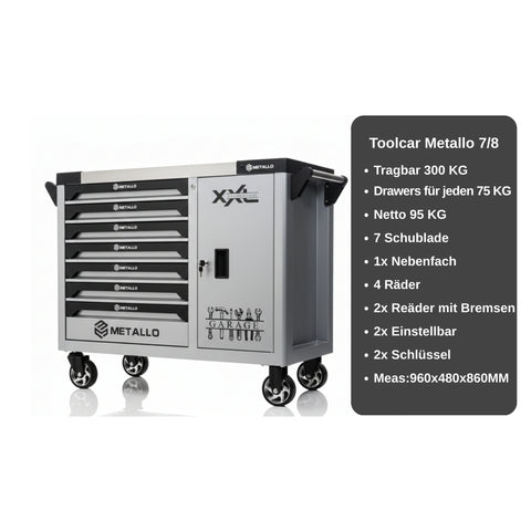 Werkstattwagen Metallo ToolCar | 7 volle Schubladen mit Werkzeugen befüllt inkl. Stauraum