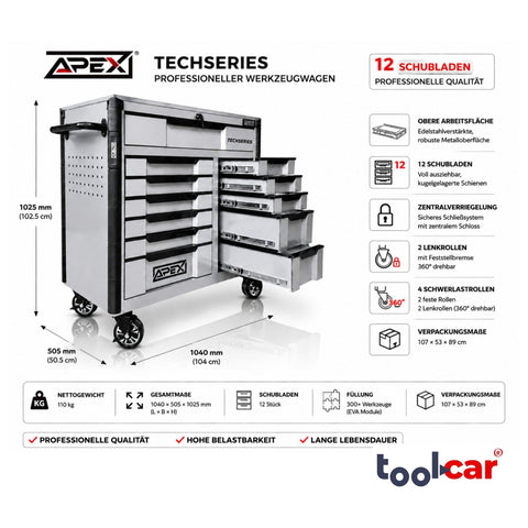 Toolcar APEX Jumbo Pro 12 Silver Werkstattwagen Werkzeugwagen + 2 extra Staufächer